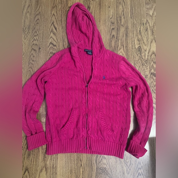 Ralph Lauren sport knit zip jacket hooded hoodie chic preppy boho pink vibrant L - Picture 2 of 6